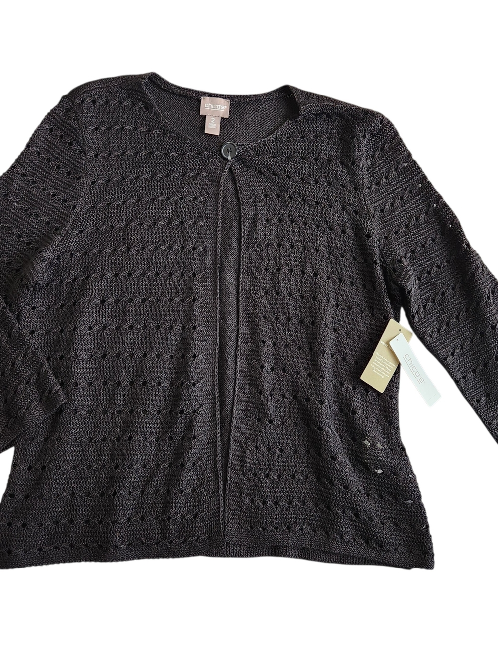 NWT Chico's Open Knit Cardigan Women's L Black One Button Chic Church Iconic